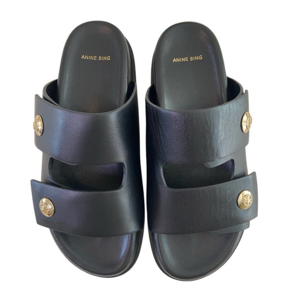 NEW ANINE BING Ella Lamb Leather Flat Slide Sandals Gold Old Money Chunky sz40